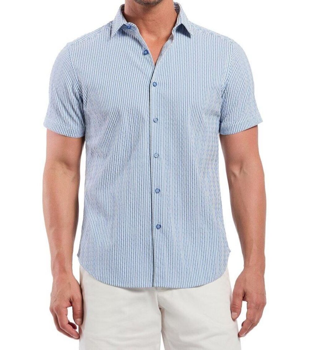 ROBERT GRAHAM Button Up Shirt Mens Large Blue Stripe Stretch FORNILLO $198